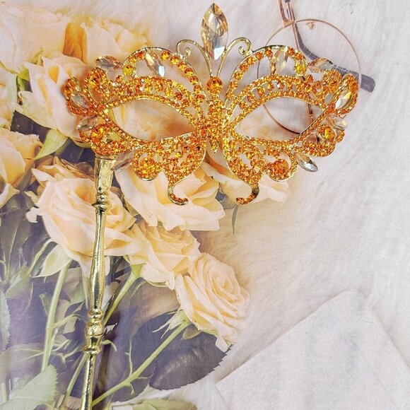 Gold Masquerade Mask, Amber Crystal Handheld Mask, Yellow Gold Mask, Party Mask - Picture 1 of 9